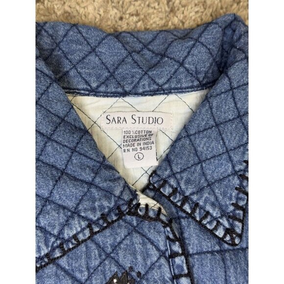 Vintage 90s Giraffe Denim Jacket Womens LARGE Blue Quilted Safari Travel Animal - Picture 5 of 9